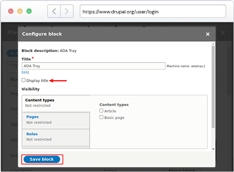 Ensure the Display Title is unchecked(off) and that the block is Saved.